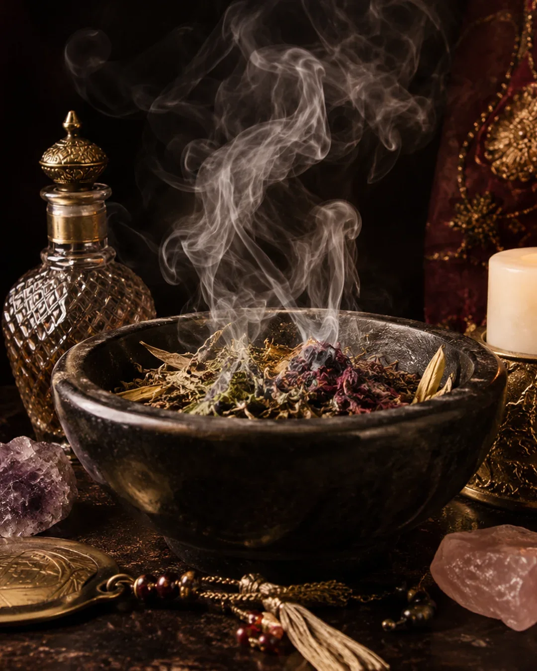 Elementos de espiritualidade com ervas, incenso e vela