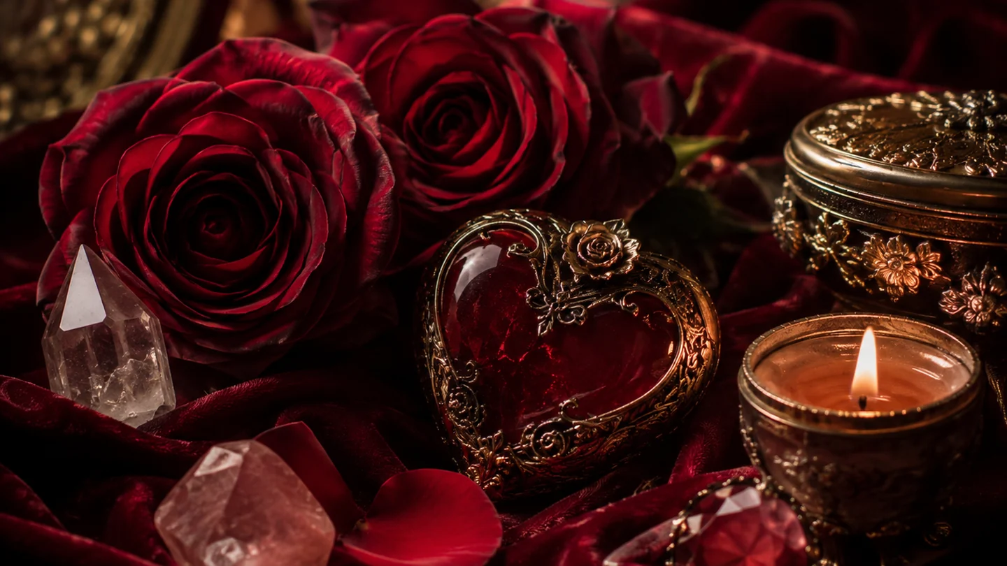 Rosas vermelhas e objeto simbólico em forma de coração