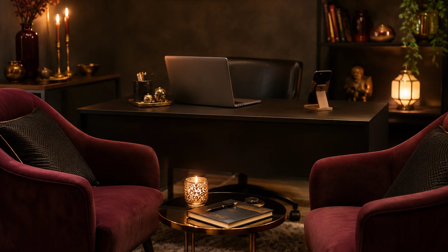 Sala reservada com duas poltronas e iluminação acolhedora